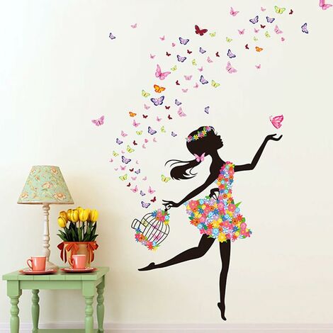 Romantique Dansant Fille Fleur Fée Papillon Amovible Stickers Muraux Autocollants, Enfants Bébé Chambre Pépinière DIY Décoratif Adhésif Stickers Mural