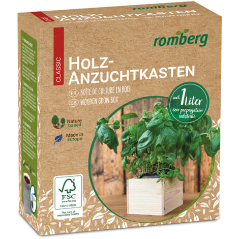 Romberg Holz-Anzuchtkasten (ca. 11x11x9 cm) inkl. 1L Erde, FSC-zertifiziertes Holz