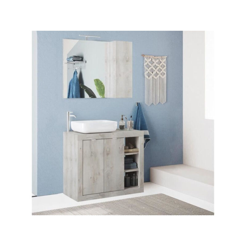 ROME Ensemble Meuble salle de bain L 92 + vasque + 2 Portes + 3 niches - Coloris chene Pin Clair