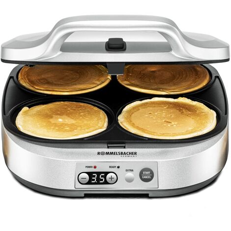 ROMMELSBACHER Pancake Maker PC 1800, 4 piastre da 13,5 cm di diametro, rivestimento antiaderente, timer da 15 minuti, spegnimento automatico, 1800 Watt, colore: argento