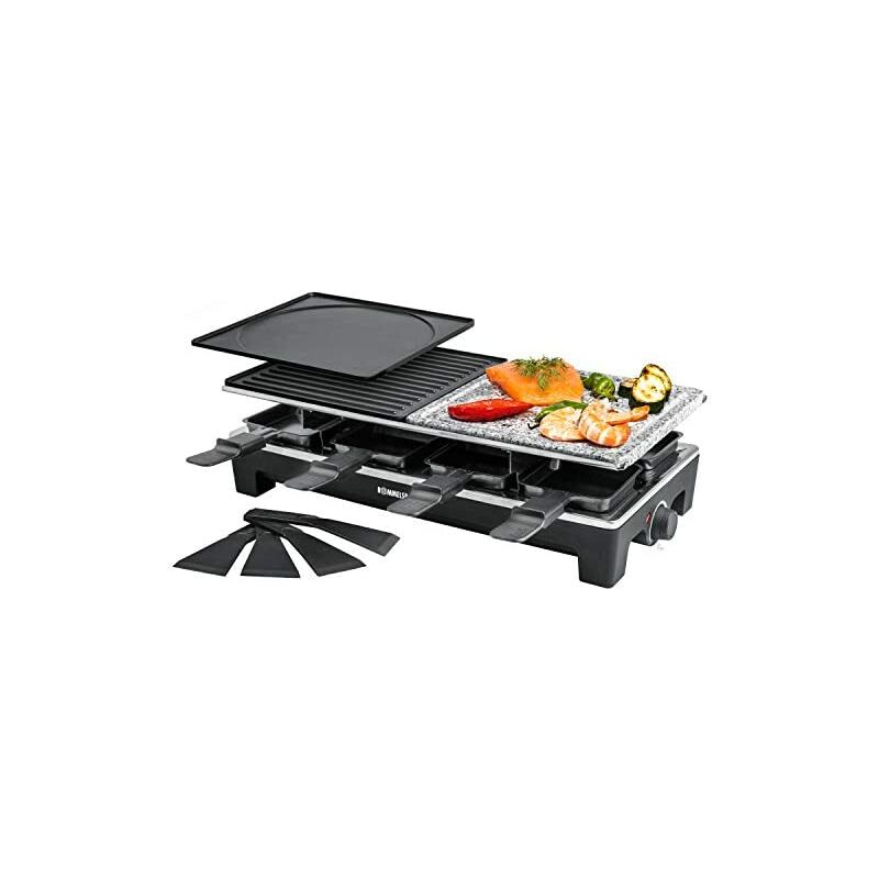 

ROMMELSBACHER Raclette Grill RCS 1350 – 2 placas reversibles, 1 plancha de piedra, 8 sartenes, 8 rasquetas, antiadherente Xylan Plus, regulación de