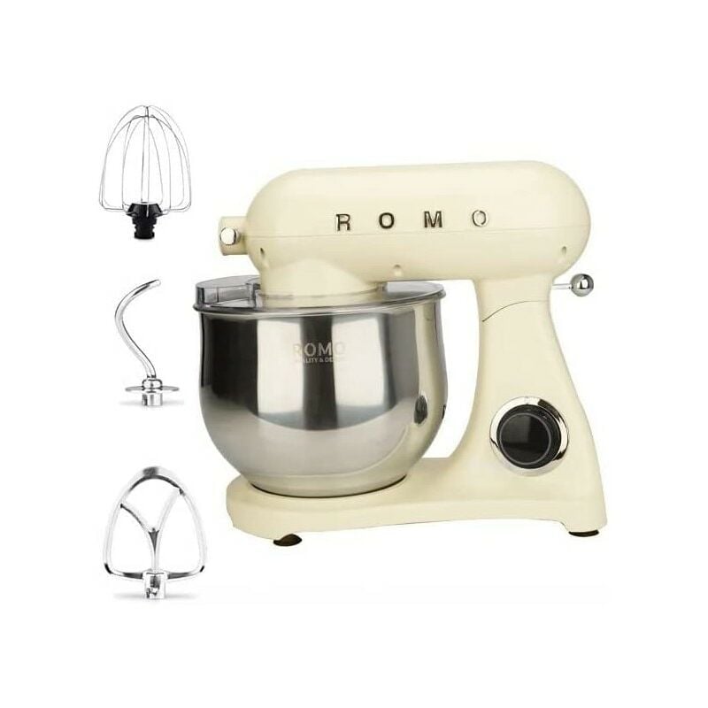 Robot Batteur Patisserie avec Fouet, Batteur, Crochet, Bol d'Acier Inoxydable 8L, 6 Vitesses Faible Bruit Patisserie, Romo