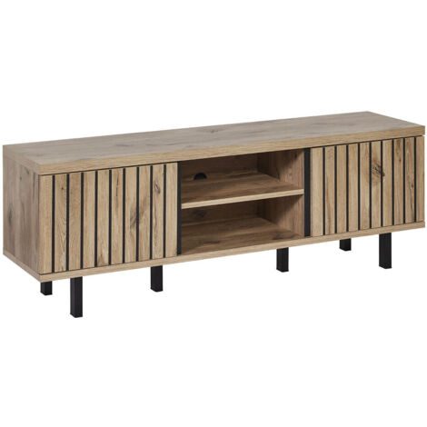 ROMY - Meuble TV 2 Portes 2 Niches Aspect Bois Finition Canyon Oak Effet Tasseaux