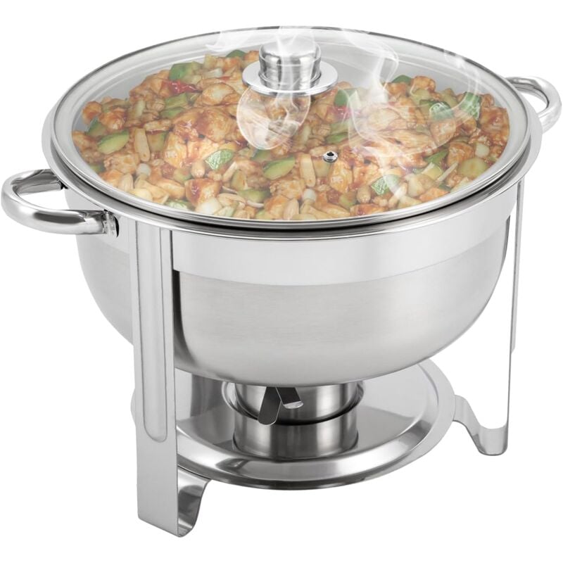 Rond Chafing Dish Acier Inoxydable, Buffets Chauffants avec Couvercle en Verre, Cuvette à Eau, Panier à Aliments et Porte-Combustible, pour Buffet