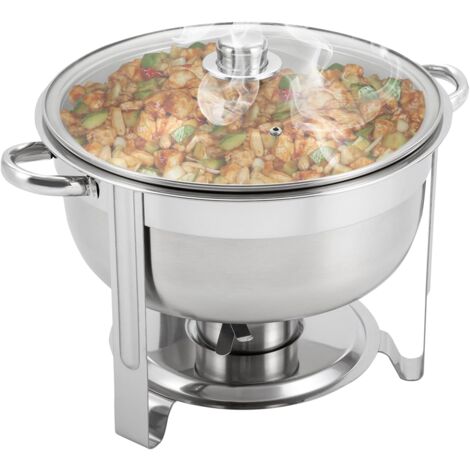 Rond Chafing Dish Acier Inoxydable, Buffets Chauffants avec Couvercle en Verre, Cuvette à Eau, Panier à Aliments et Porte-Combustible, pour Buffet Traiteur, Fêtes