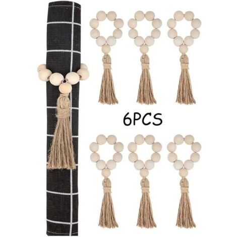 Rond de Serviette - Artisanat - Bois et Perles - 6 pièces - Beige - Décoration de Noël