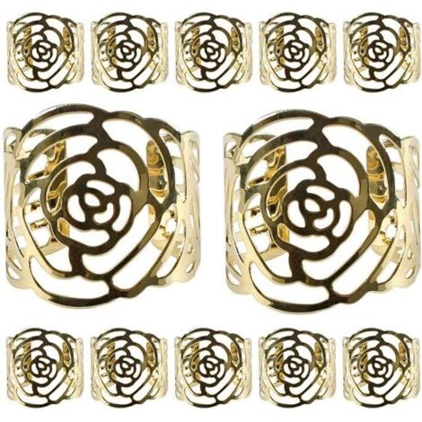 Rond de Serviette - KAKOO - Motif Fleur - Métal Ajouré - Lot de 12 - Couleur Doré