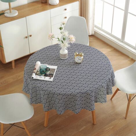Rond Nappe, Mer Vague Motif Table Tissu Coton Lin Tissu Décorative Bureau Table Housse, Style Nordique Table Tissu pour Vacances Maison Noël Fête Pique-Nique - 150cm