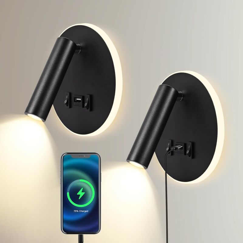(rond noir) Lampe de Lecture Intérieure LED 3W + 9W 3000K, Applique Murale avec Port de Charge USB et Interrupteur, Liseuse de Lit Spot Réglable