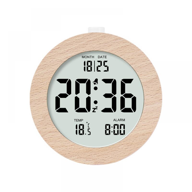 rond Réveil numérique en bois, réveil matinal, horloge numérique LCD avec affichage de la date, de la température, de la répétition, du