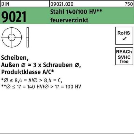 Rondelle DIN 9021 13x37x3 Acier 140/100 HV traité à chaud 100 pièces