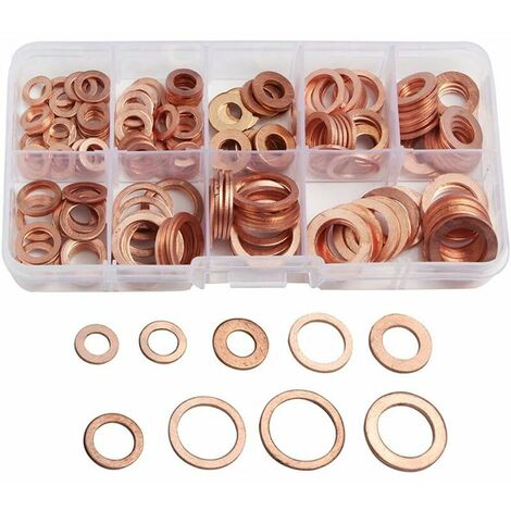 Rondelle Flat en Cuivre Ring Métriques Coffret de Rondelle Joint Assortiment 9 Tailles M5-M14 Avec Boîte Joint de Bouchon de Puisard Huile Outil Accessoires 200pcs