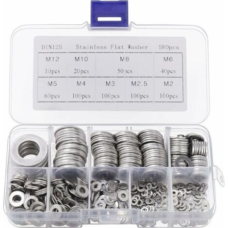 Rondelle Inox avec Boîte de Rangement (Lot de 580) - Assortiment de 9 Tailles M2, M2.5, M3, M4, M5, M6, M8, M10 & M12 - Lot de Rondelles Métal - Réparations, Usines & Décoration Intérieure