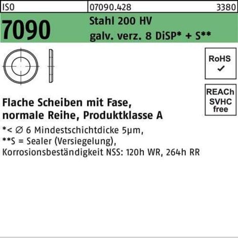 Rondelle ISO 7090 avec chanfrein 42 acier 200 HV galv. +S 25 pièces