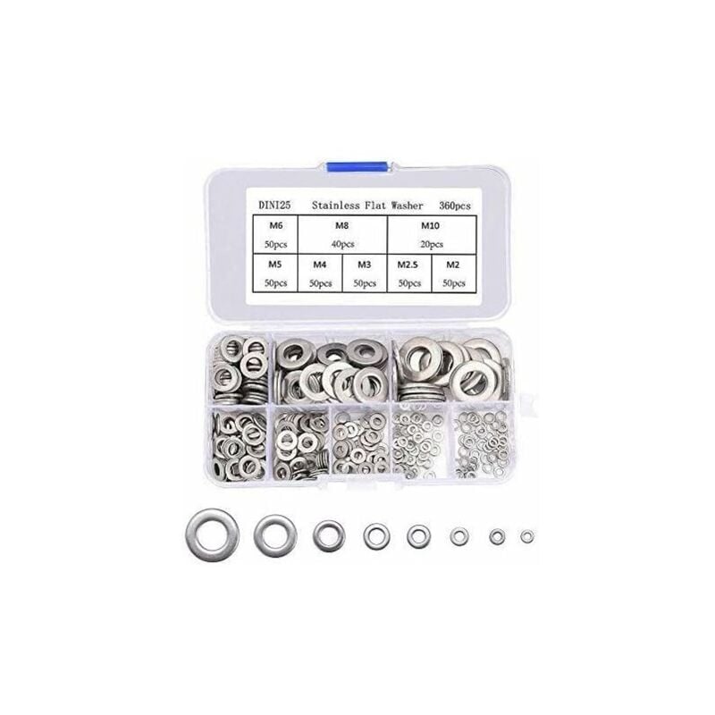 Rondelle Plate en acier inoxydable, 360 Pcs Rondelles Plates Assortiment Kit Rondelle de Serrure Assortiments de Laveuses pour l'étanchéité des Vis