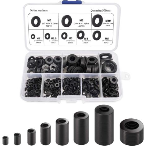 Rondelle Plate Nylon - M2 à M10 - 8 Tailles - Résistante Usure Corrosion - Pour Connexions Électriques - 500 Pièces