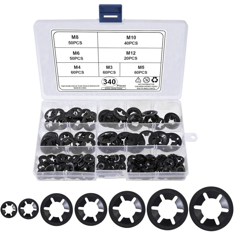 Rondelles de Blocage Universel Rondelle de Verrouillage M3 M4 M5 M6 M8 M10 M12 Rondelle Starlock Rapide Pousser Fixations Assortment Kit avec Boîte