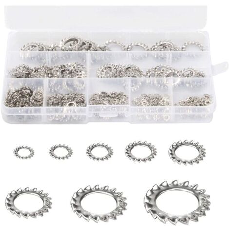Rondelles de Verrouillage des Dents 300 pièces Rondelle Frein Inoxydable Rondelles Dentées Rondelles de Blocage Rondelles Dentées Externes Assortiment Ensemble (M2,5 M3 M4 M5 M6 M8 M10 M12)