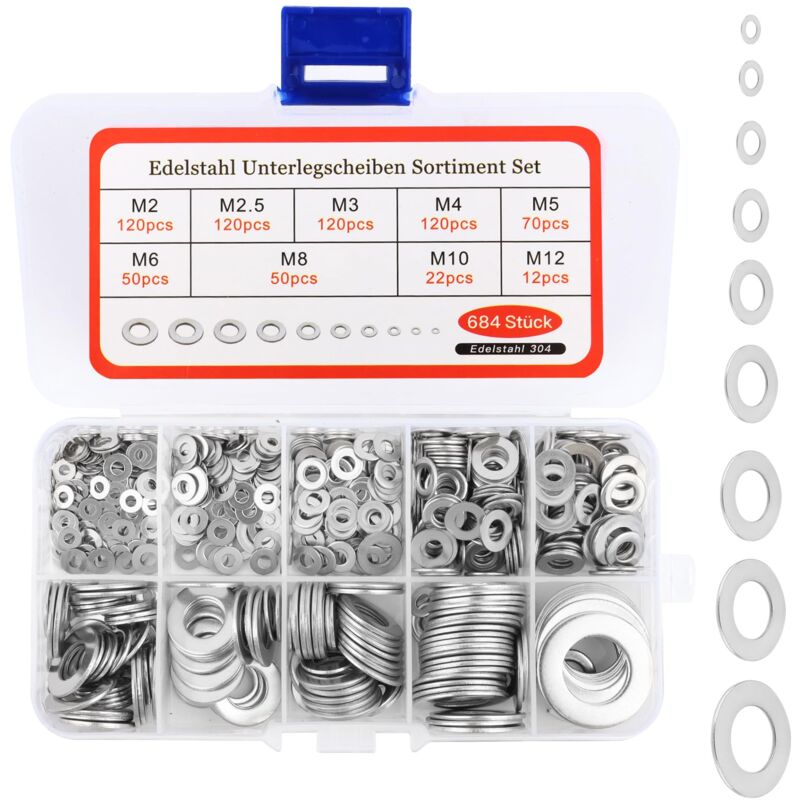 Rondelles Metal, 684 Pièces Rondelles pour Gonds de Porte Rondelles Plates Acier Inoxydabl pour la Décoration de la Maison et Construction Extérieure