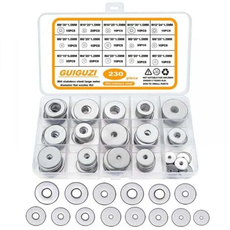 Rondelles plates, 230 pièces 304 en acier inoxydable Grandes rondelles métalliques, 15 tailles M3 M4 M5 M6 M8 M10 M12 pour la décoration de la maison,les usines,les cuisines, les magasins