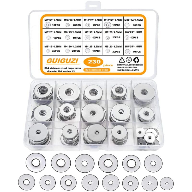 Rondelles Plates, 230 pièces304 Acier Inoxydable Grandes Rondelles Metal, 15 tailles M3 M4 M5 M6 M8 M10 M12 pour la décoration de la maison Usines