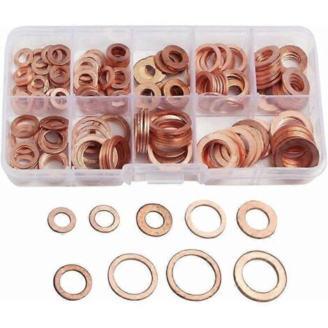 Rondelles plates en cuivre, assortiment de joints métriques (9 tailles M5 à M14), avec boîte, accessoires d'outillage (200 pièces).