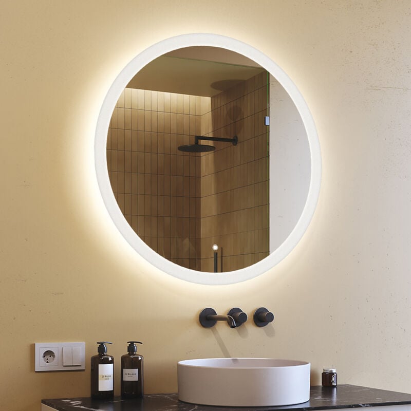 Miroir rond salle de bain LED 80 cm, Miroir avec interupteur tactile et temperature de la lumiere au choix