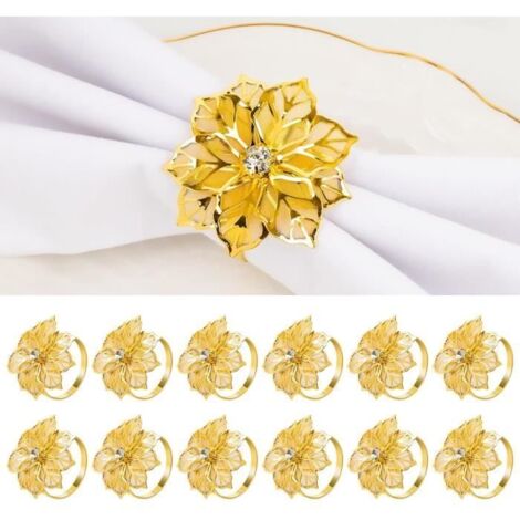 Ronds de Serviette - Doré - Lot de 12 - Métal - Design Floral - Réutilisables