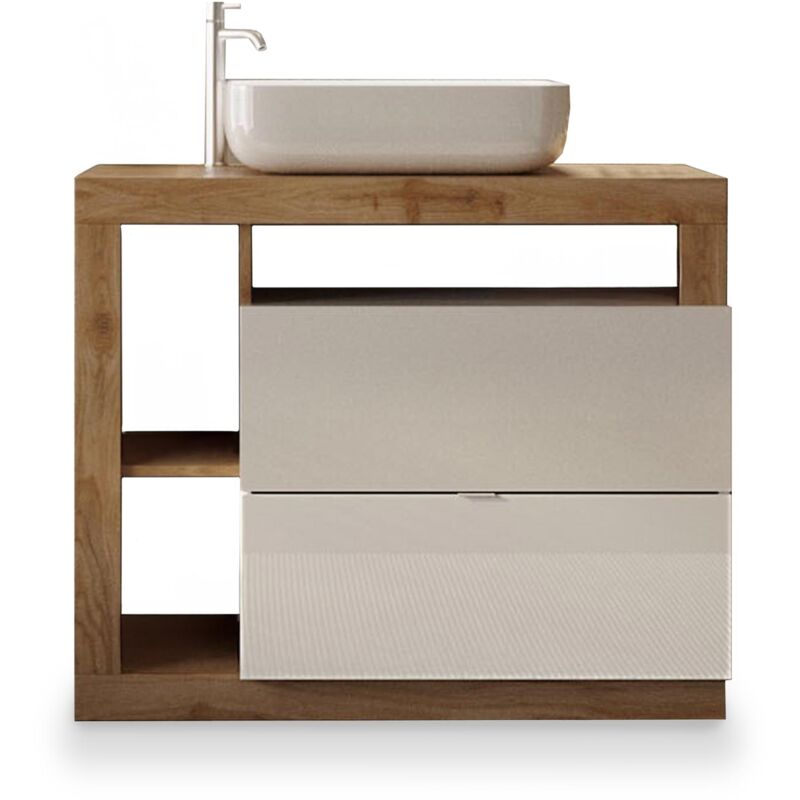 Mobilier Deco - ronica - Meuble de salle de bain avec vasque 2 tiroirs bois et blanc 92 cm