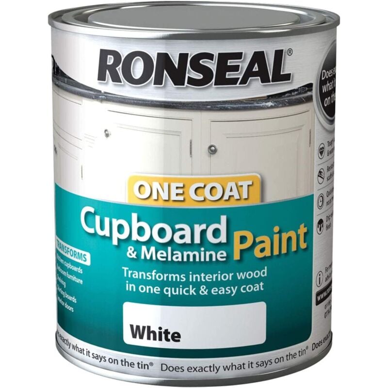 Ronseal One Coat Cupboard Melamine and MDF Paint 750ml White Satin