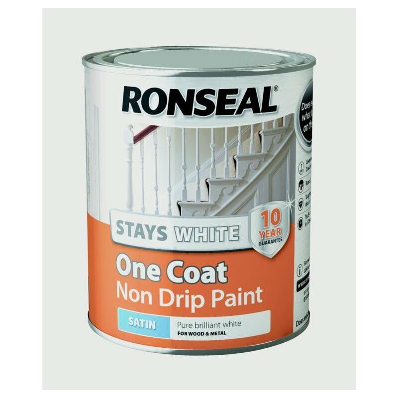 Stays White One Coat Non Drip Paint - White Satin 750ml - Ronseal