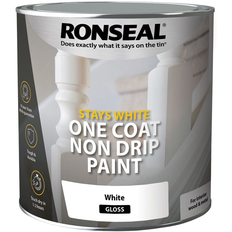 Ronseal - Stays White One Coat Non Drip Paint - Brilliant White - Gloss - 2.5L - Pure Brilliant White