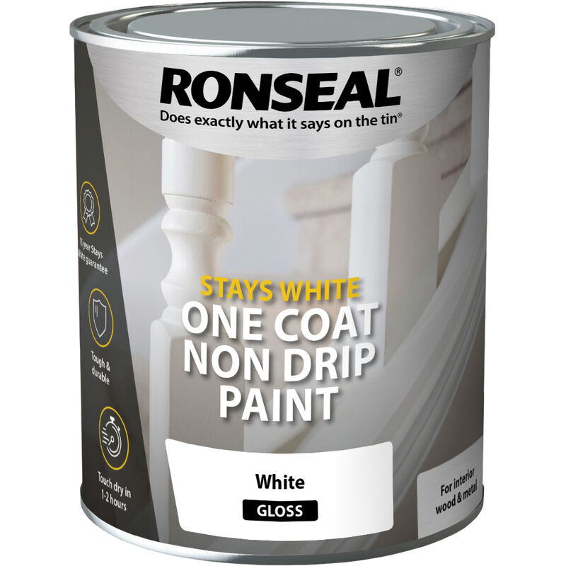 Ronseal - Stays White One Coat Non Drip Paint - Brilliant White - Gloss - 750ml - Pure Brilliant White