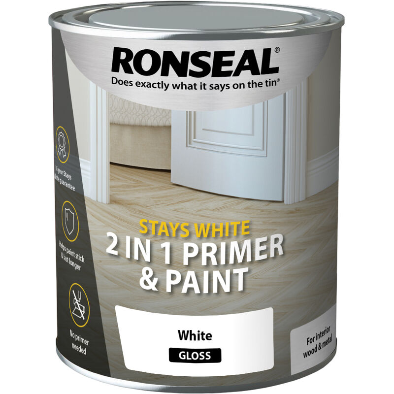 Ronseal - Stays White 2 in 1 Primer and Paint - White - Gloss - 750ml - Pure Brilliant White