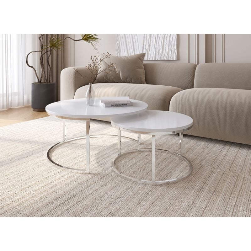 Deco In Paris - rony - Lot de 2 tables basses gigognes rondes blanches pieds chromés rony