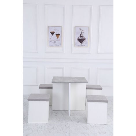 main image of "Roomee 5PC Wooden Dining table Set with 4 padded Storage Stools Ottoman in Grey & White"