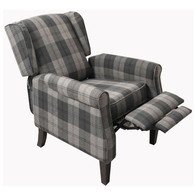 Russell Wing Back Fabric Recliner Armchair Sofa Chair in Grey Check - Roomee