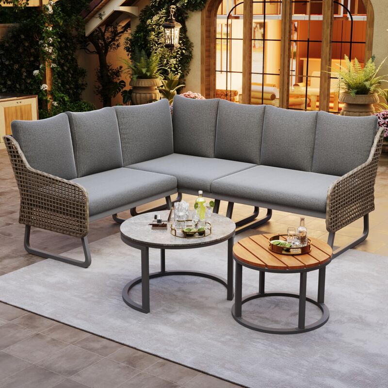 Roomfitters - Ensemble Meubles Jardin, 6-7 Personnes, Rotin Artisanal, 2 Tables, Cadre Galvanisé, Inclus Coussins, Gris