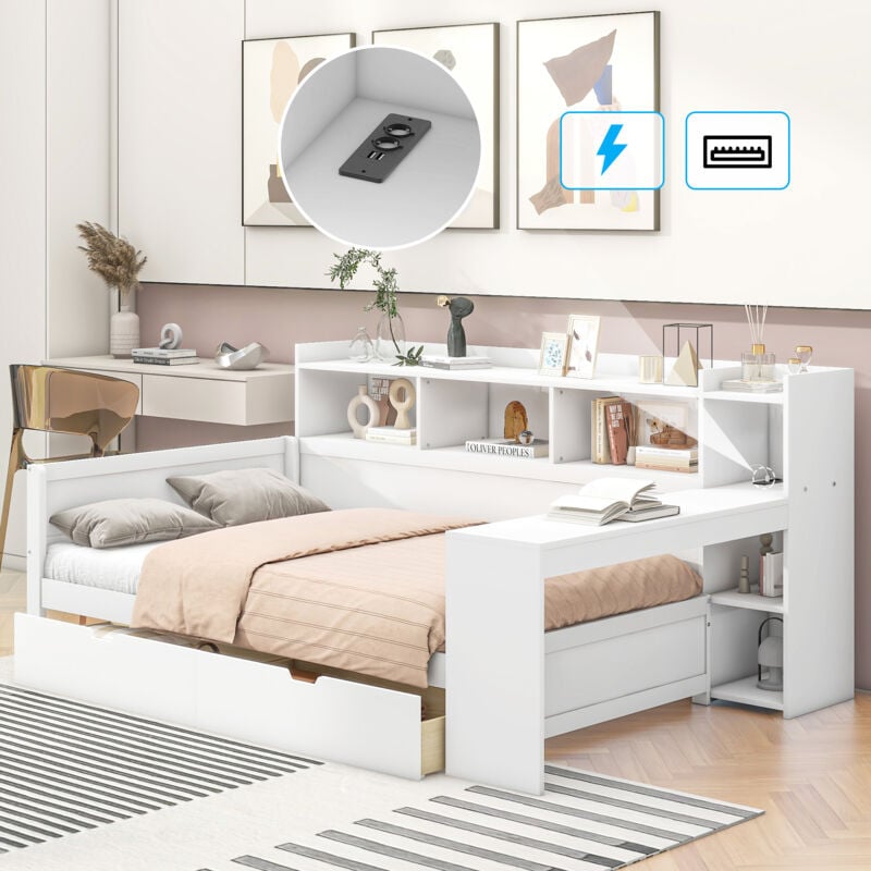 Roomfitters - Lit Banquette 90X200 Avec Table De Nuit, usb, Bureau Et 2 Tiroirs, Canapé Pratique, Blanc