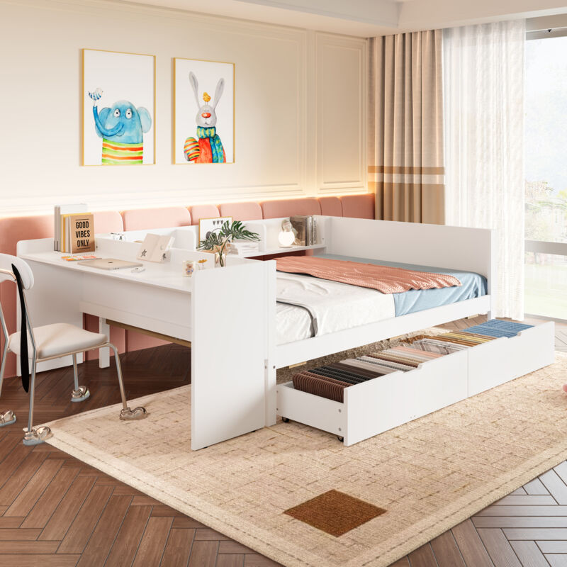 Roomfitters - Lit Bas 140X200 Avec Bureau, Étagères Et 2 Tiroirs, Lit En Bois Multifonction Pour Ados, Blanc