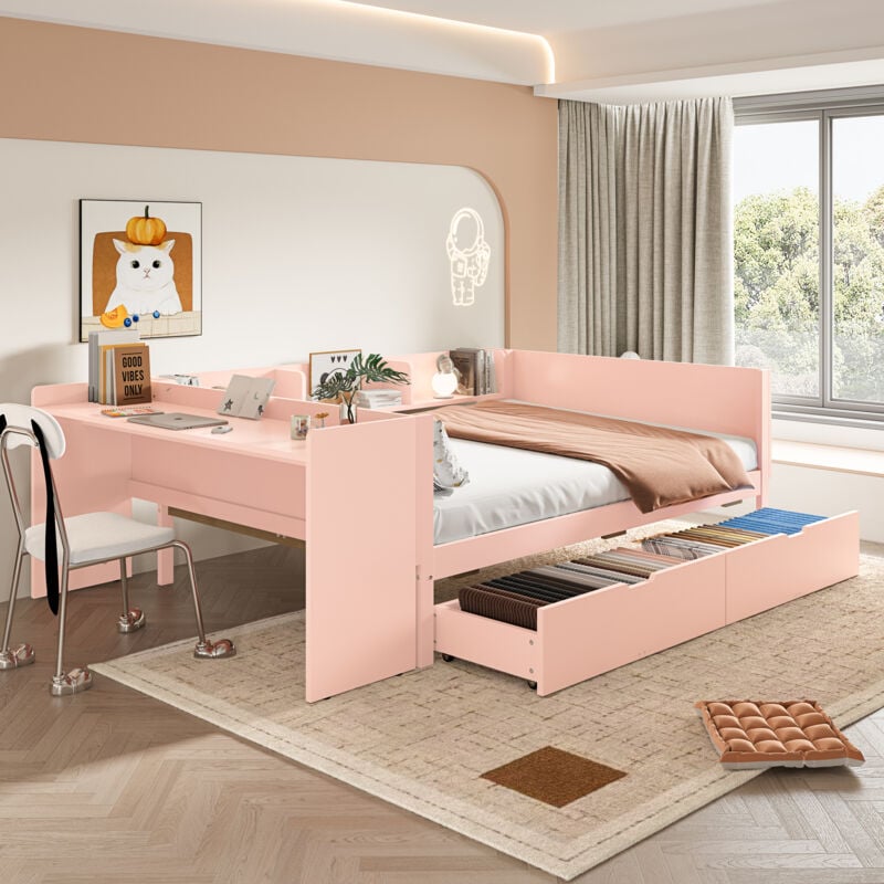 Roomfitters - Lit Bas 140X200 Avec Bureau, Étagères Et 2 Tiroirs, Lit En Bois Multifonction Pour Ados, Rose