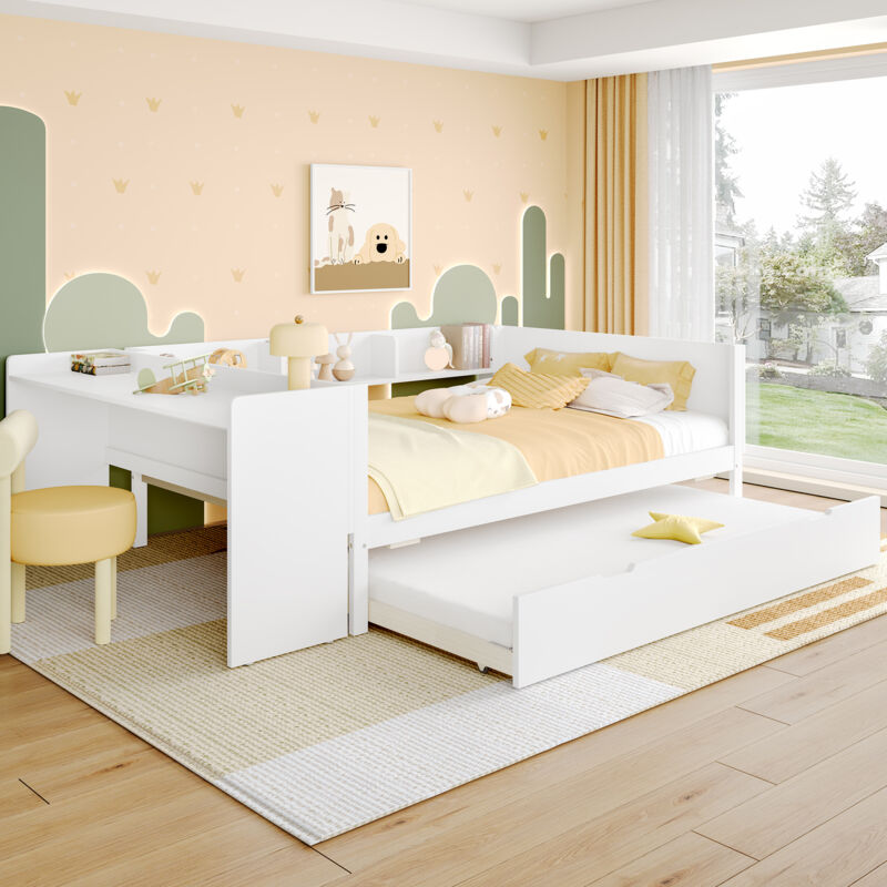 Roomfitters - Lit Bas 140X200 Avec Bureau, Lit Gigogne Et Étagères, Lit Double En Bois Polyvalent, Blanc