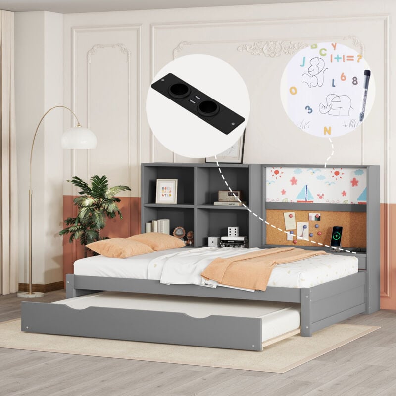 Roomfitters - Lit Canapé 90X200 Avec Lit Gigogne, Port usb, Tablette à Dessin Et Rangement, Multifonction, Gris