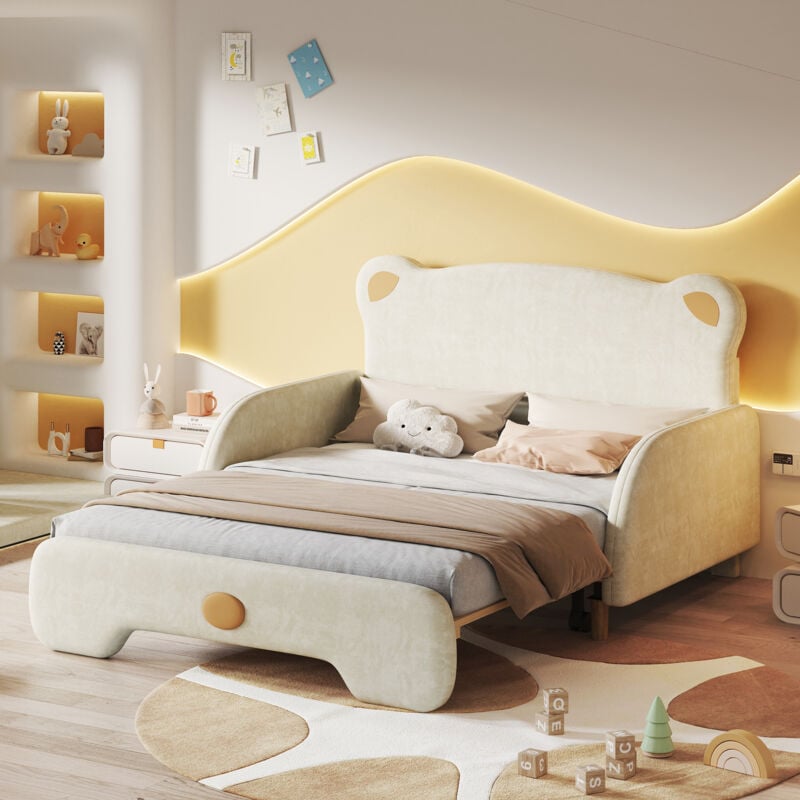Roomfitters - Lit Double en Forme d'Ours, Lit Douillet pour Enfants, Lit Extensible avec Protection Douce, Cadre en Bois, Velours, Beige (140x110cm &