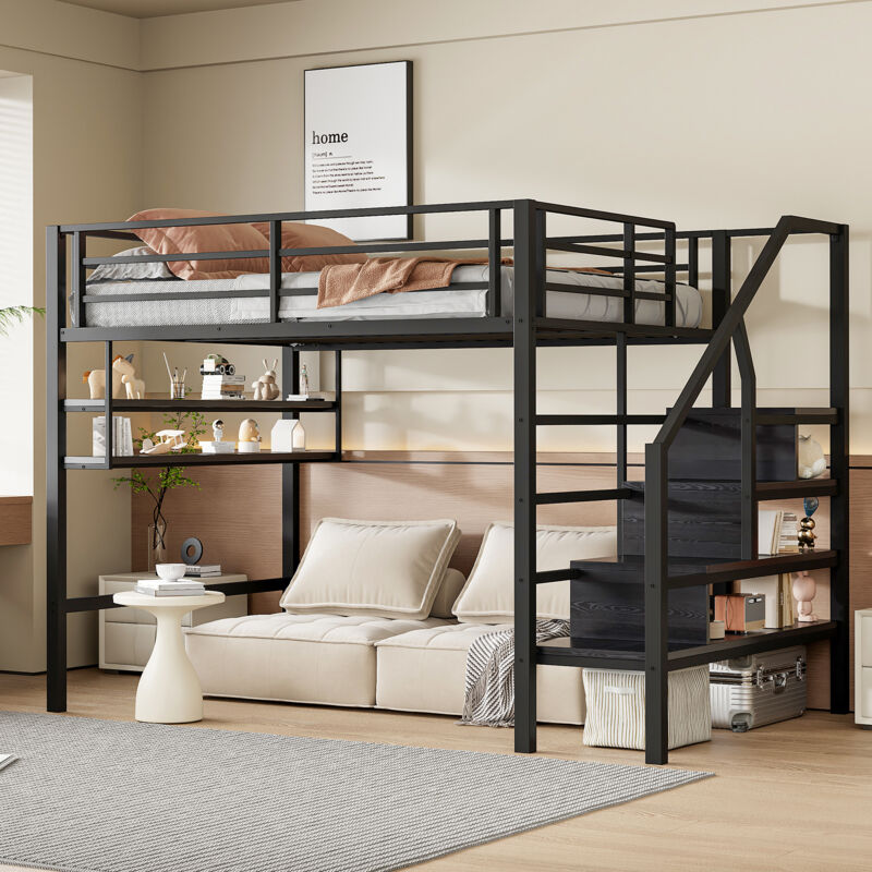 Roomfitters - Lit Mezzanine 140X200 Cm Avec Échelle De Rangement, Tablettes Intégrées Et Espace Libre Pour Agencement, Noir