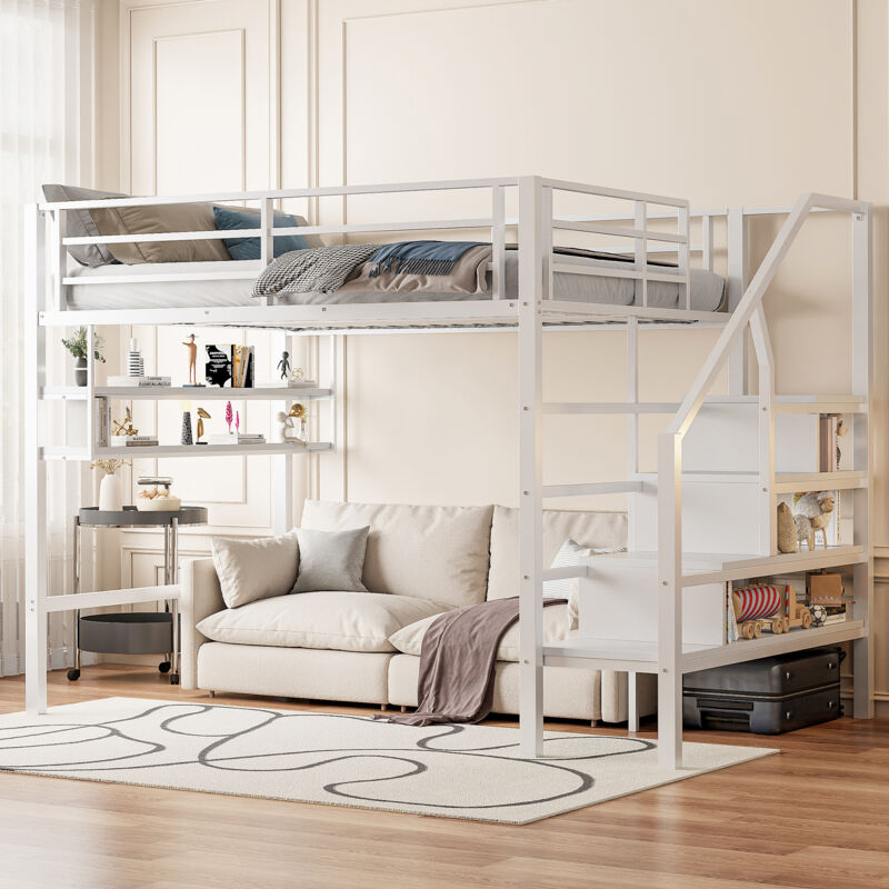 Roomfitters - Lit Mezzanine 140X200 Cm Avec Échelle De Rangement, Tablettes Intégrées Et Espace Libre Pour Agencement, Blanc