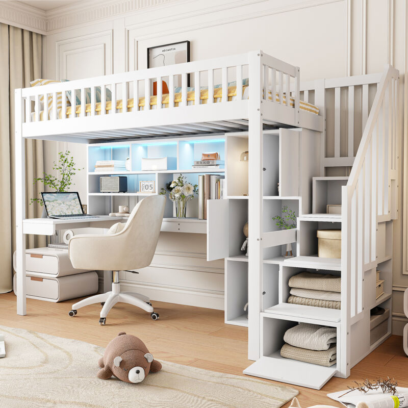 Roomfitters - Lit Mezzanine 90X200 Avec Bureau, Échelle à Rangements, Étagères Et Compartiments, Lit Fonctionnel, Blanc