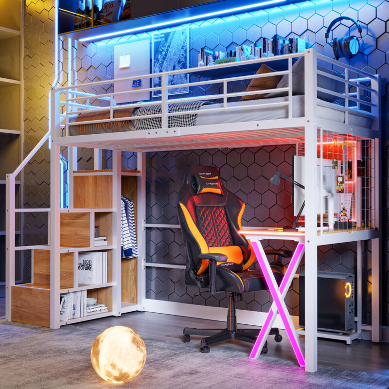 Lit Mezzanine 90X200 Avec Bureau, Échelle, Étagères Et Armoire, Avec Lumière Ambiante, Blanc - Roomfitters