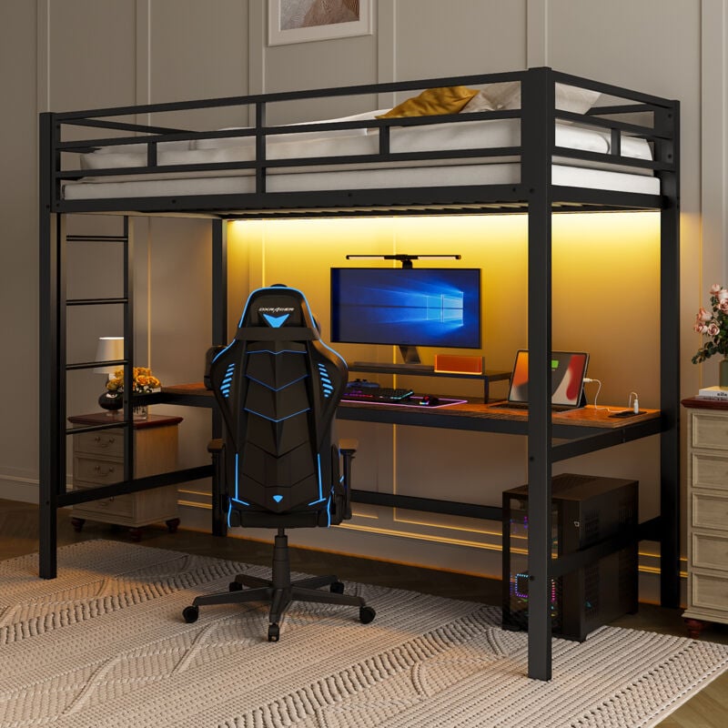 Roomfitters - Lit mezzanine 90x200 avec bureau, usb, prise murale, contrôle lumière, app‑compatible, cadre métal, Noir