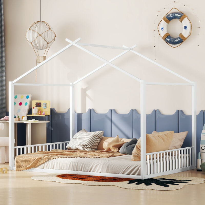 Roomfitters Lit Plat 140x200 En Métal, Lit‑Maison Enfant, Design Minimaliste, Blanc